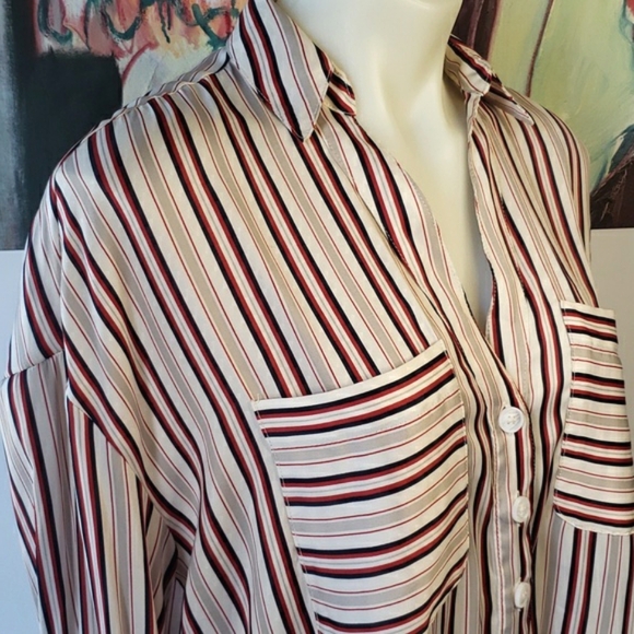 Free People Striped Sheer Dress Blouse red navy blue & cream - Picture 8 of 13